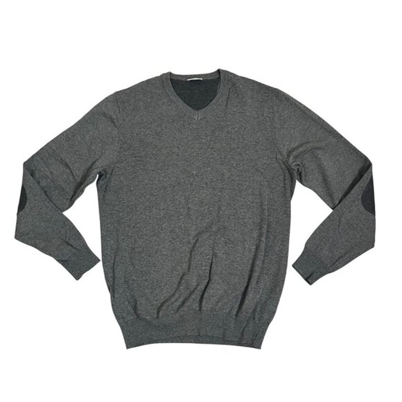 John Henric men's sweater M gray cotton v neck long sleeve pullover elbow patch - Picture 8 of 8